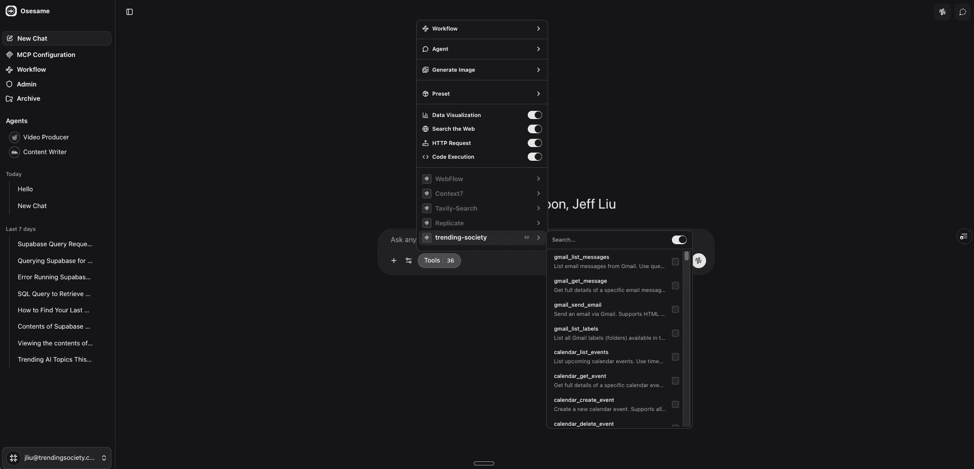 Osesame AI Agent Builder: Dashboard with chat interface and visual workflow editor