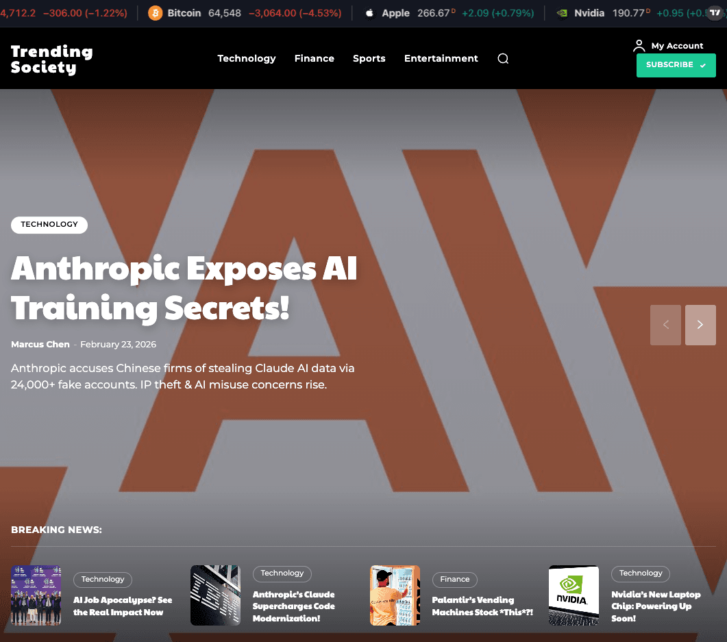 TrendingSociety.com homepage showing AI-generated articles across multiple verticals