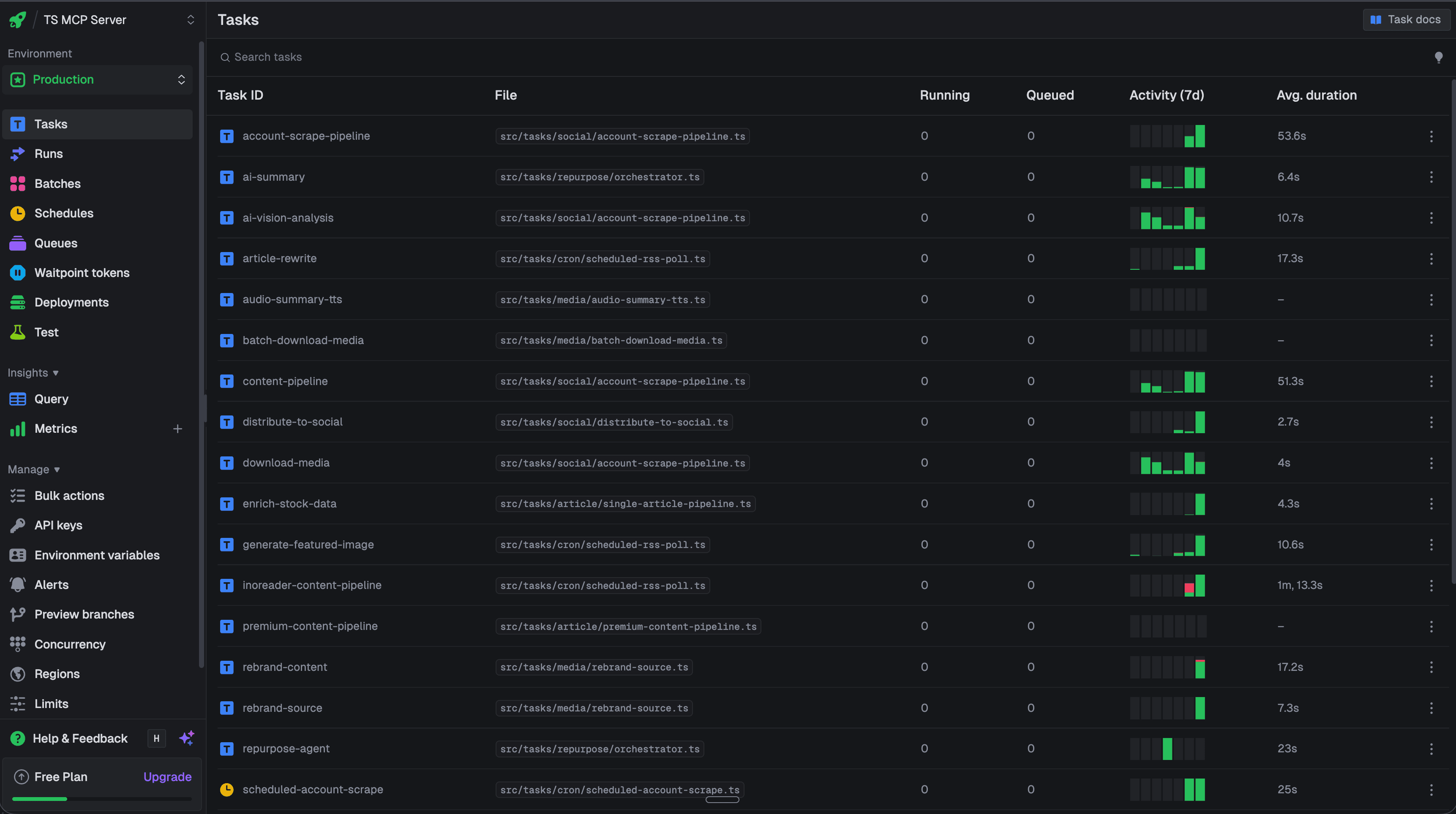 Trigger.dev pipeline dashboard showing task runs and execution traces
