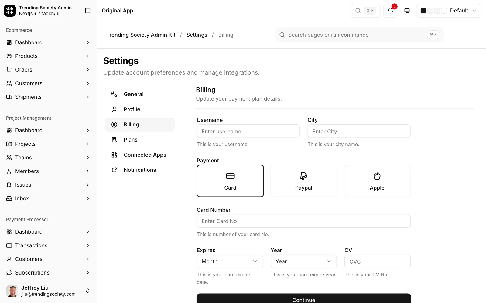Billing settings with payment method and card details