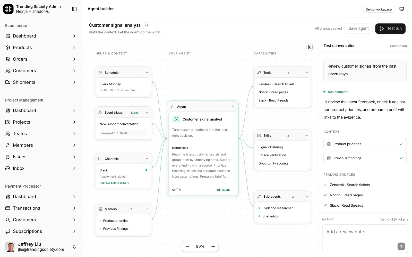 Agent builder canvas with a schedule trigger, an agent node and its tools