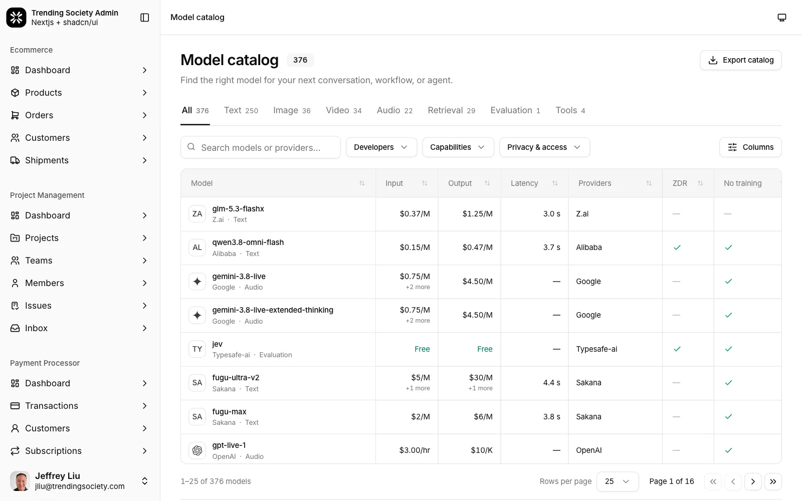 Model catalog table with input and output prices, latency and providers