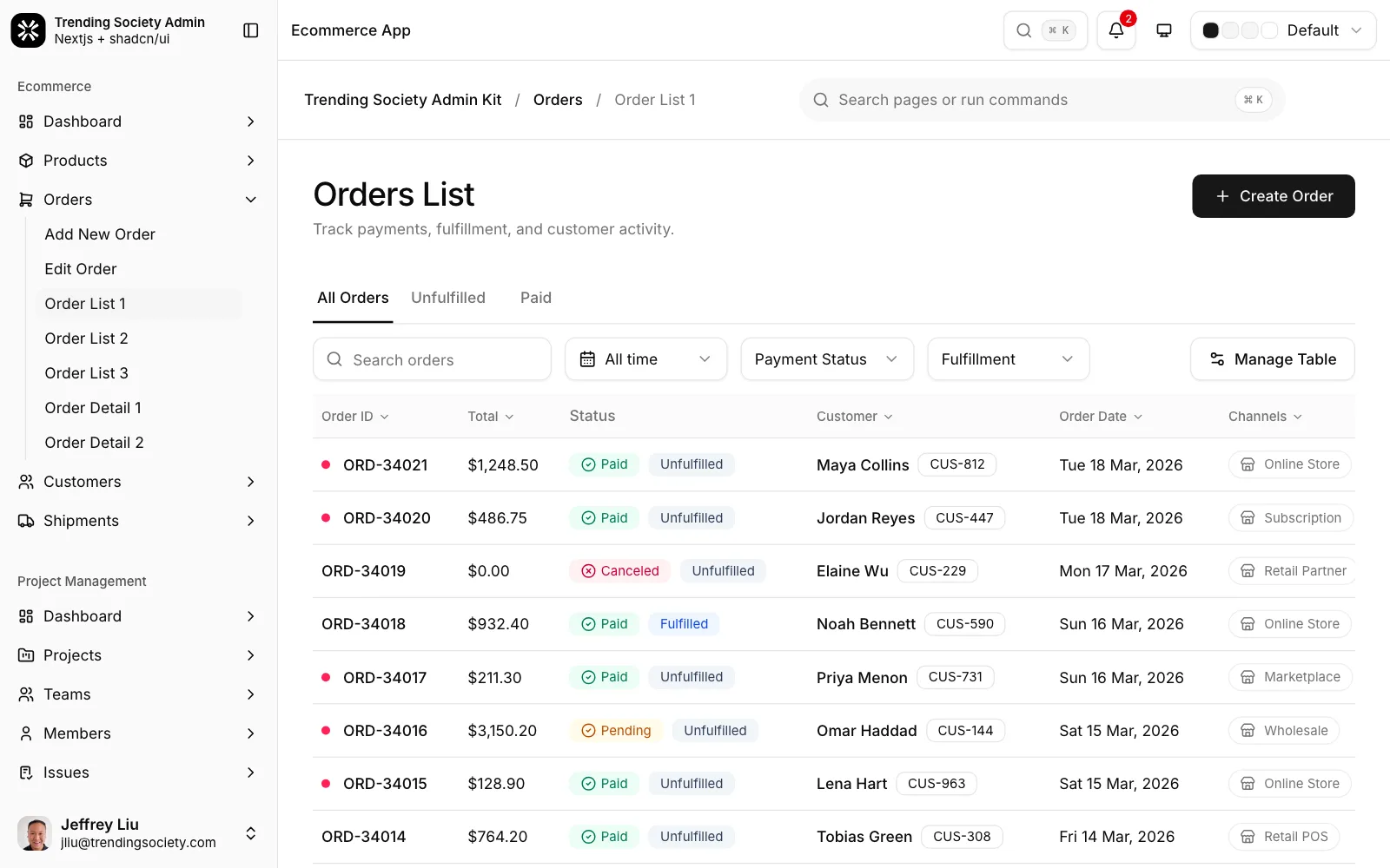 Orders list with payment and fulfillment status filters