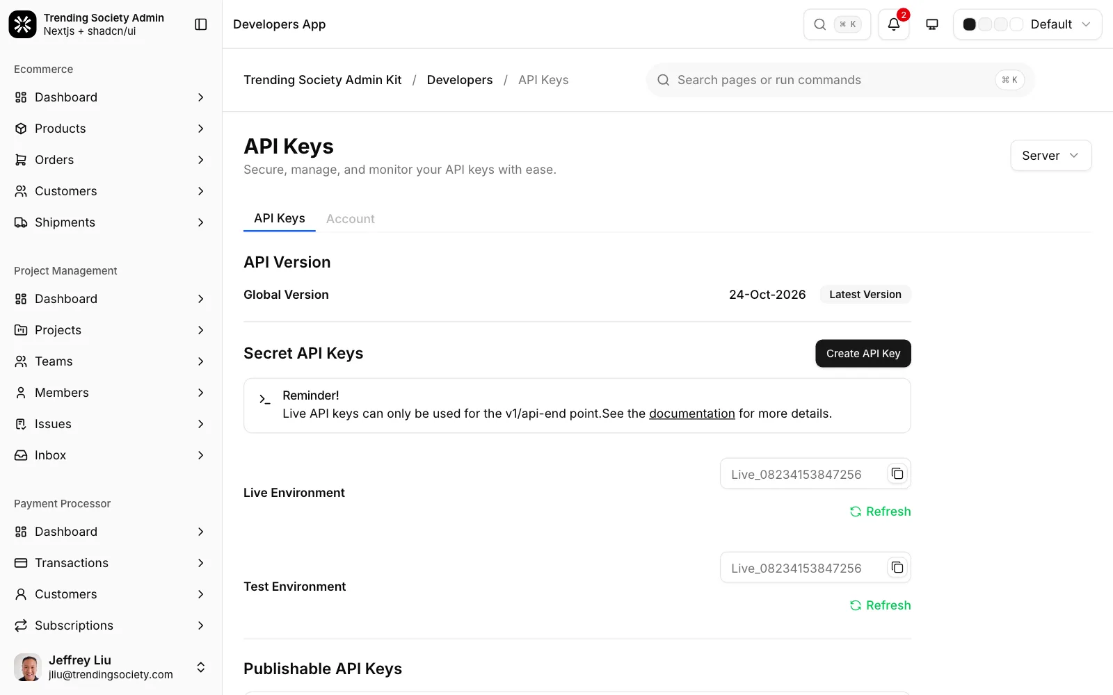 API keys page with live and test keys
