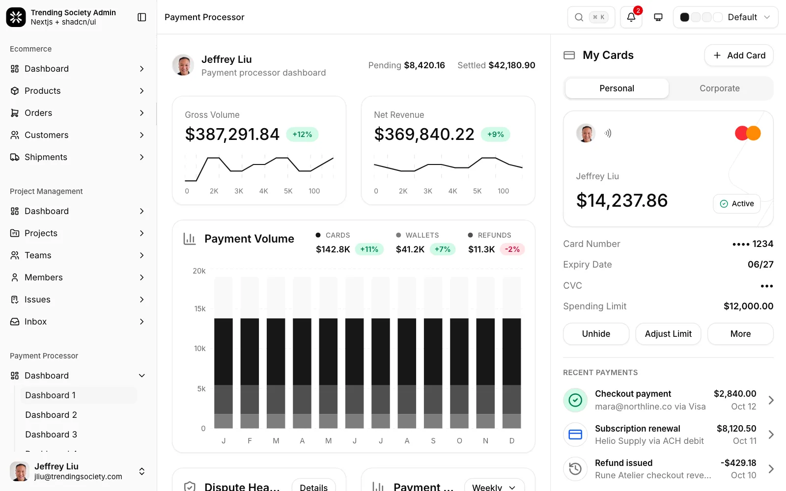 Payments dashboard with gross and net revenue, a payment volume chart and recent payments