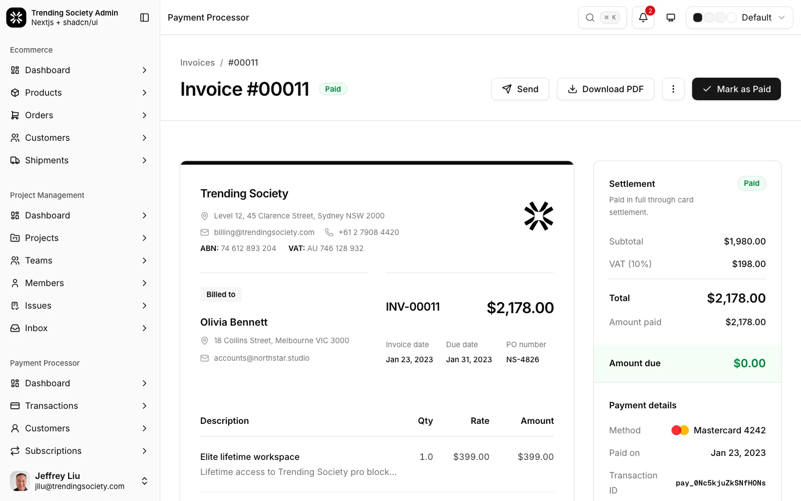 Invoice detail with line items, settlement totals and payment details