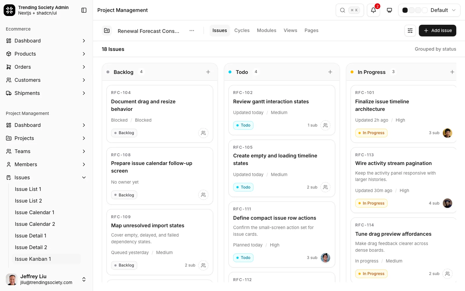 Issue kanban with backlog, to do and in progress columns