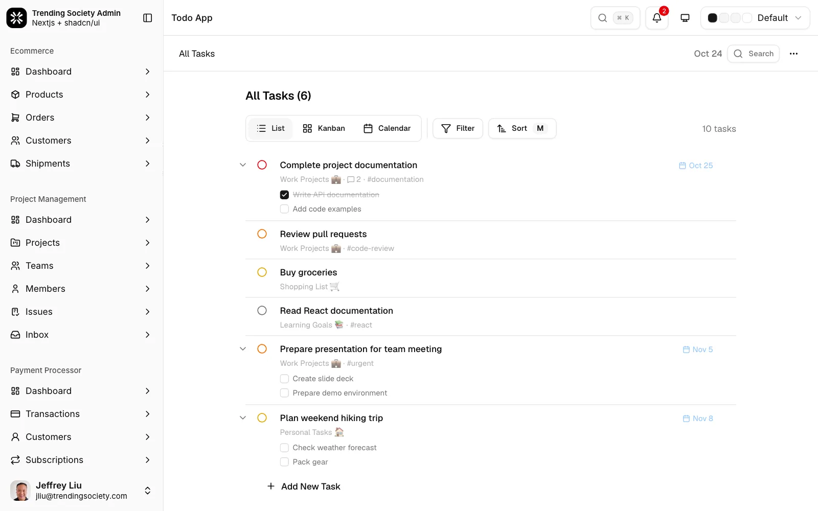 Task list grouped by project with nested subtasks